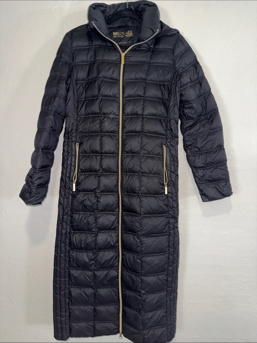 Michael Kors Black Long Quilted Puffer Coat with Gold Zipper
